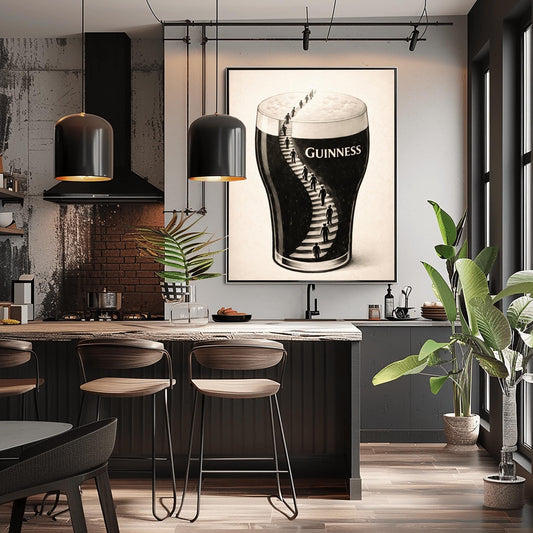 A vertical charcoal-style illustration of a pint of Guinness. A winding staircase is carved into the dark body of the stout, with several small human silhouettes climbing the stairs toward the white foam at the top. The background is a clean, off-white textured paper.