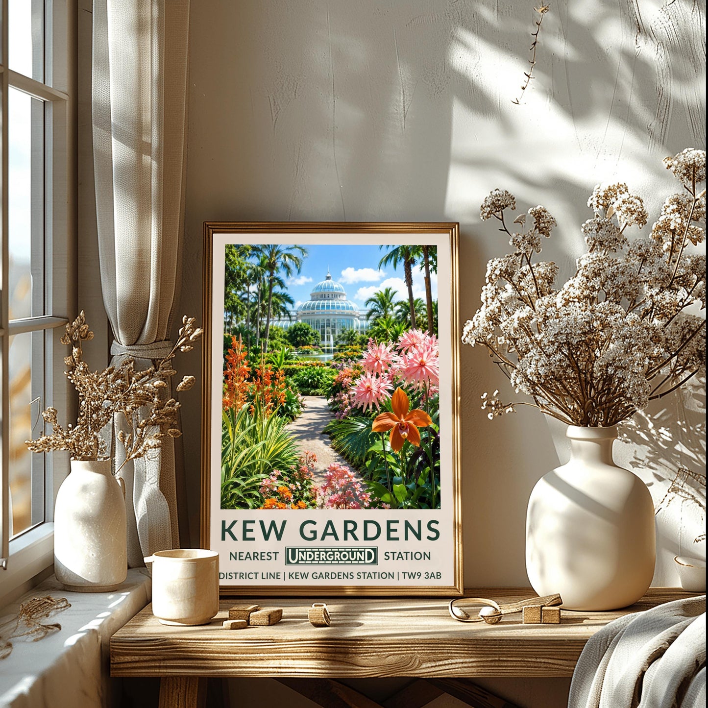 A vertical retro London Underground travel poster for Kew Gardens on a wide cream border. The top image shows a sun-drenched exterior view of the historic white iron-and-glass Palm House dome under a bright blue sky with light clouds. A stone path in the center is flanked by a lush tropical garden featuring towering palm trees, a large prominent orange orchid blossom on the right alongside spiky pink flowers, and tall orange torch lilies on the left.