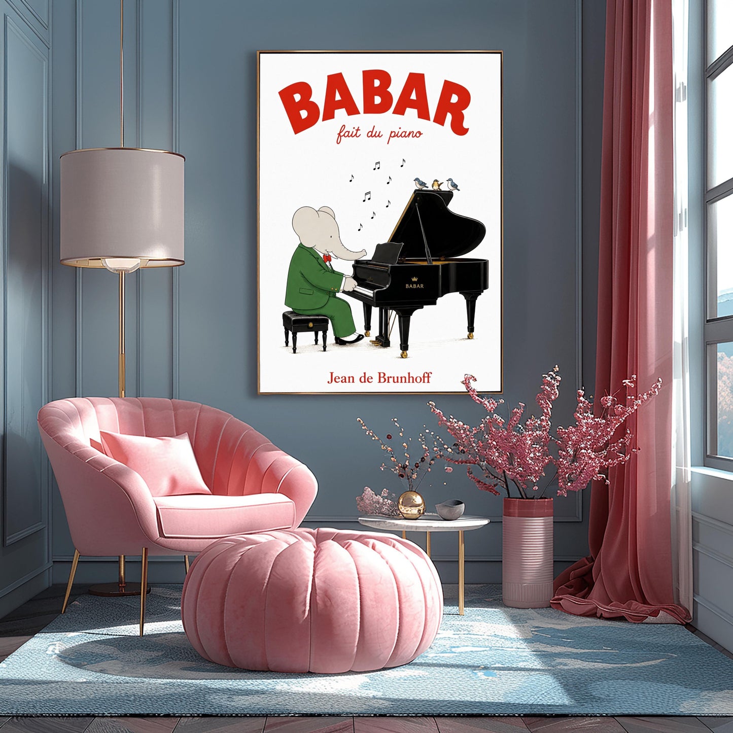 A vertical fine art exhibition poster featuring a classic illustration of Babar the Elephant by Jean de Brunhoff, as seen in Screenshot 2026-05-28 at 19.58.40.png. Set within a wide white border on a textured off-white background, the elephant is shown in a green suit and red bowtie sitting on a stool playing a black grand piano. Three small birds sit on the open piano lid under floating musical notes. Bold red text at the top reads "BABAR fait du piano".