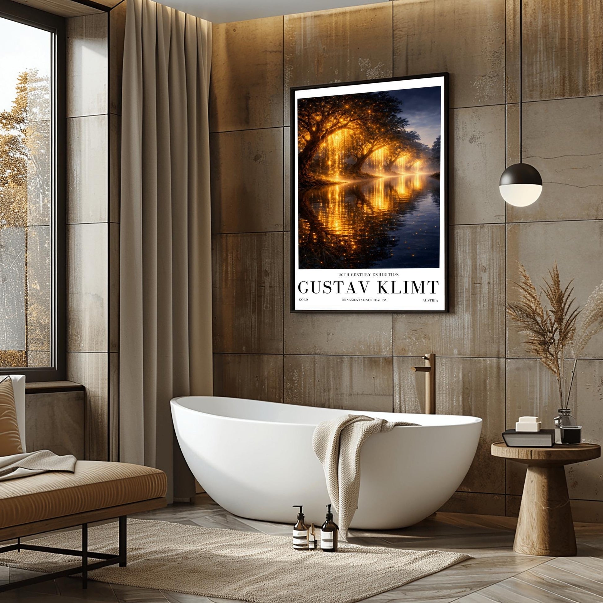 A vertical full-bleed landscape illustration in the style of Gustav Klimt. A row of weeping willow trees with branches made of liquid gold and sparkling embers lines a dark, tranquil river. The golden light reflects brilliantly on the water's surface under a dark twilight sky.