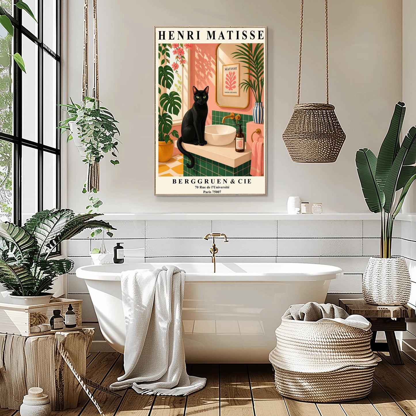 A vertical art print styled as a Henri Matisse exhibition poster. A sleek black cat with bright green eyes sits on a cream-colored bathroom vanity next to a white vessel sink. The bathroom features blush pink walls and emerald green tiles. A gold-framed mirror reflects a Matisse leaf print. Lush green plants and pink flowers frame the scene, and dappled sunlight creates shadows on the wall. The poster has bold black text at the top and bottom with the gallery name Berggruen & Cie.