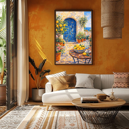 A vertical painterly illustration of a sun-drenched Mediterranean courtyard with a large arched blue door. A table in the foreground holds a bowl of lemons and a cup of coffee. Terracotta pots with flowers and a lemon tree surround the stone patio, with a view of the blue sea in the background.