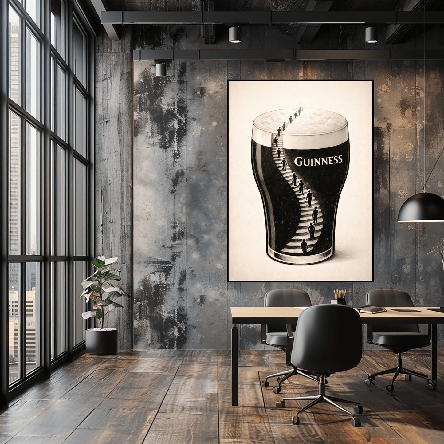 A vertical charcoal-style illustration of a pint of Guinness. A winding staircase is carved into the dark body of the stout, with several small human silhouettes climbing the stairs toward the white foam at the top. The background is a clean, off-white textured paper.