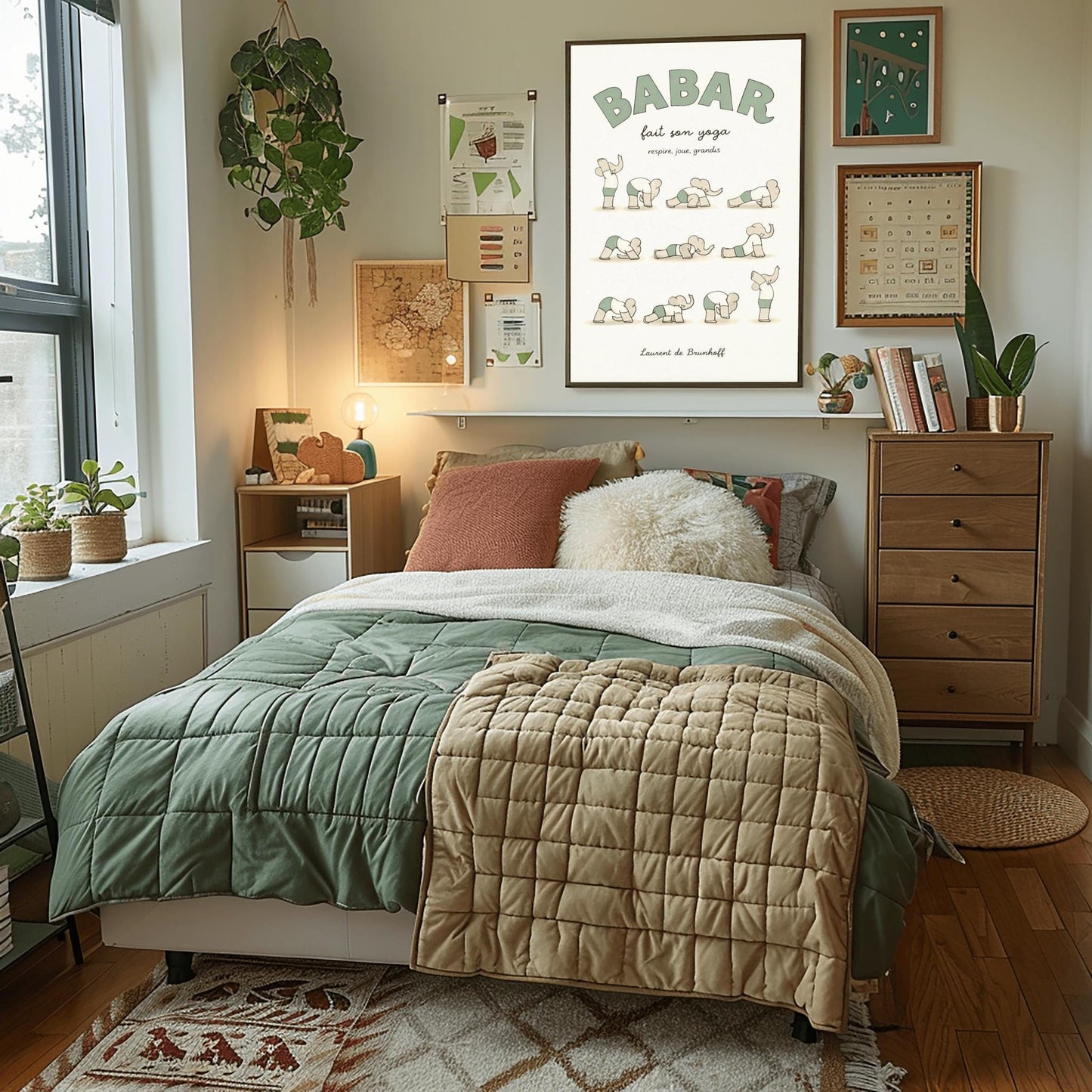 A vertical art print in muted sage green and cream tones titled "BABAR fait son yoga" with the subtitle "respire, joue, grandis." The poster shows eleven small, minimalist illustrations of a grey elephant in various yoga poses, wearing a white shirt and sage green shorts. The background is a soft off-white with a subtle paper texture, and the artist's name "Laurent de Brunhoff" is at the bottom.