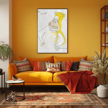 A vertical fine line ink sketch by Ludwig Bemelmans of a smiling chef. The chef has hands on his hips and wears a white uniform with a tall chef's hat. A bright splash of yellow watercolor runs vertically along the right side of his hat and shoulder. Handwritten words "Chef - Bad Hat" are in the top left, and the piece is signed "Bemelmans" in the bottom right corner.