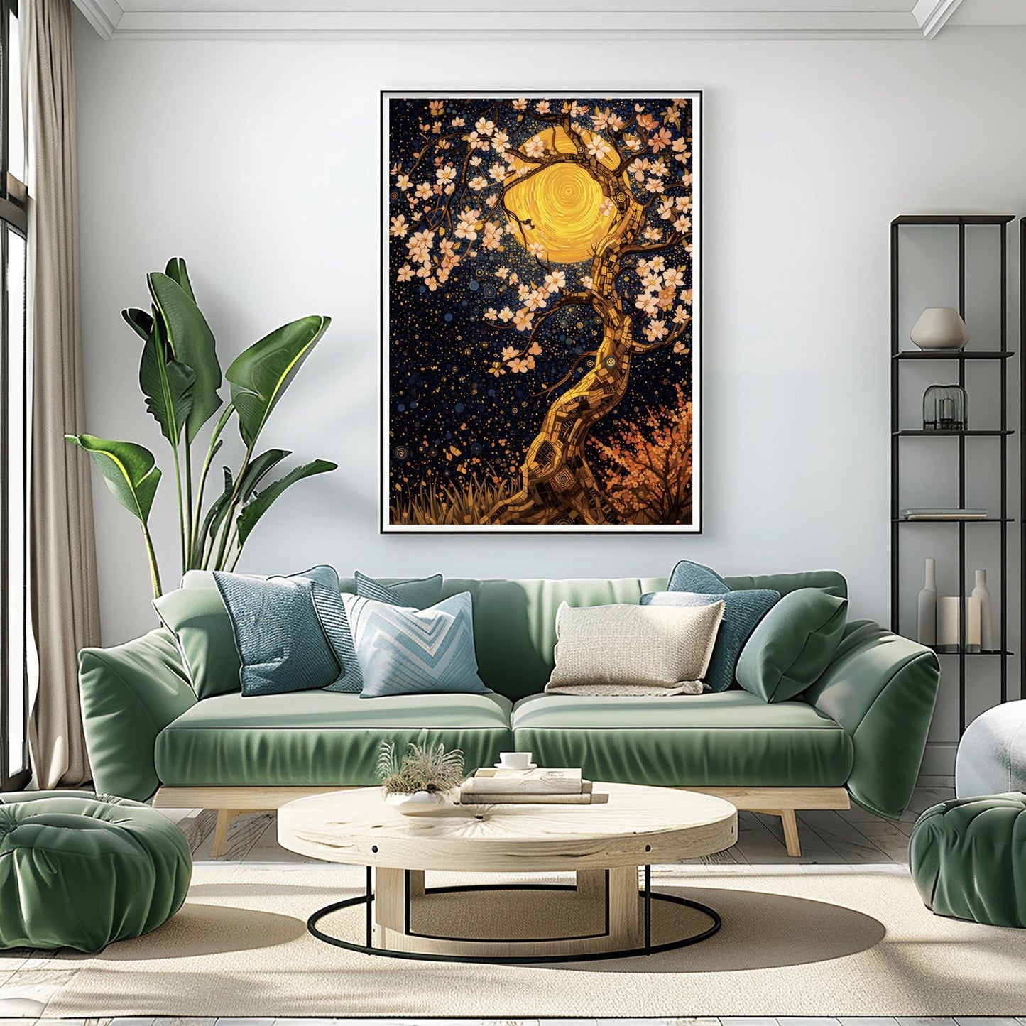 A vertical fine art print in the style of Gustav Klimt. A twisting tree trunk made of gold and bronze mosaic tiles features delicate white blossoms. A massive, swirling golden moon sits behind the branches against a dark navy sky filled with star patterns and blue circles.