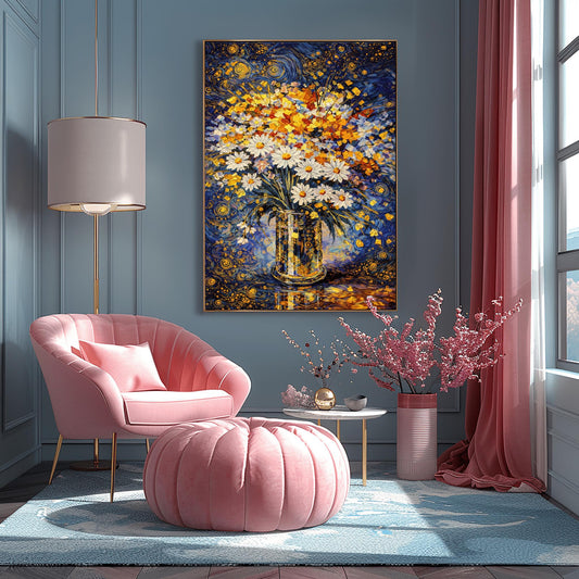 A vertical art print in the style of Gustav Klimt featuring a bouquet of white daisies with yellow centers in a tall, patterned gold vase. The vase is decorated with small black and gold circles. The background is a vibrant dark blue with swirling golden patterns and stars. The table surface below reflects the blue and gold light. The entire image is composed of intricate mosaic-like textures and shimmering metallic tones.