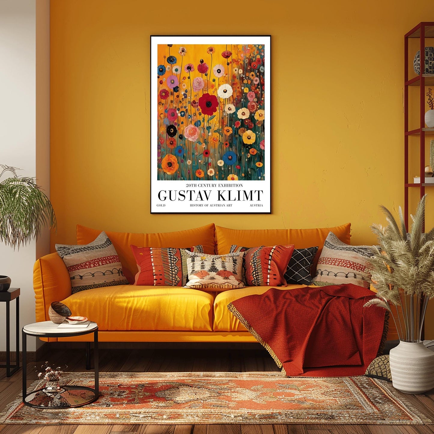 A vertical museum exhibition poster featuring a colorful wildflower meadow in the style of Gustav Klimt. Red, blue, and yellow flowers on thin stalks grow against an amber background. Below the image, bold black text reads "GUSTAV KLIMT" and "20TH CENTURY EXHIBITION" against a white border.
