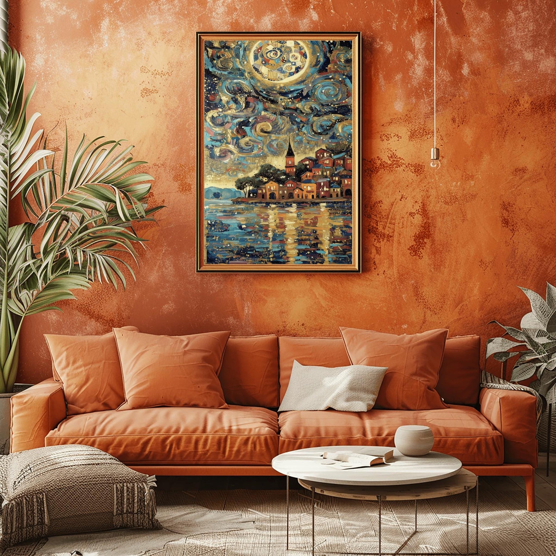 A vertical, highly detailed painting in the style of Gustav Klimt. A seaside village with warm orange and red houses sits on a coastline. The sky is a dark blue swirl of mosaic patterns, circles, and a large golden moon. The water in the foreground reflects the lights of the houses and the sky in shimmering golden and blue horizontal brushstrokes. The style is rich in texture with heavy gold accents.