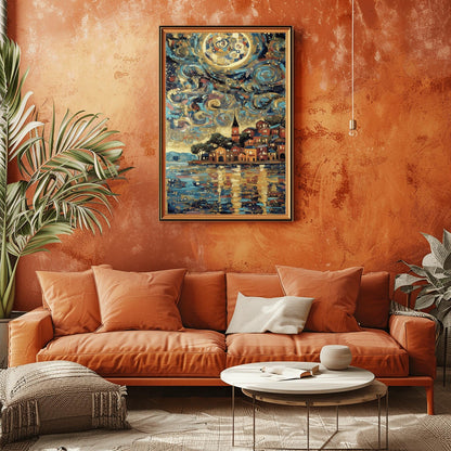 A vertical, highly detailed painting in the style of Gustav Klimt. A seaside village with warm orange and red houses sits on a coastline. The sky is a dark blue swirl of mosaic patterns, circles, and a large golden moon. The water in the foreground reflects the lights of the houses and the sky in shimmering golden and blue horizontal brushstrokes. The style is rich in texture with heavy gold accents.