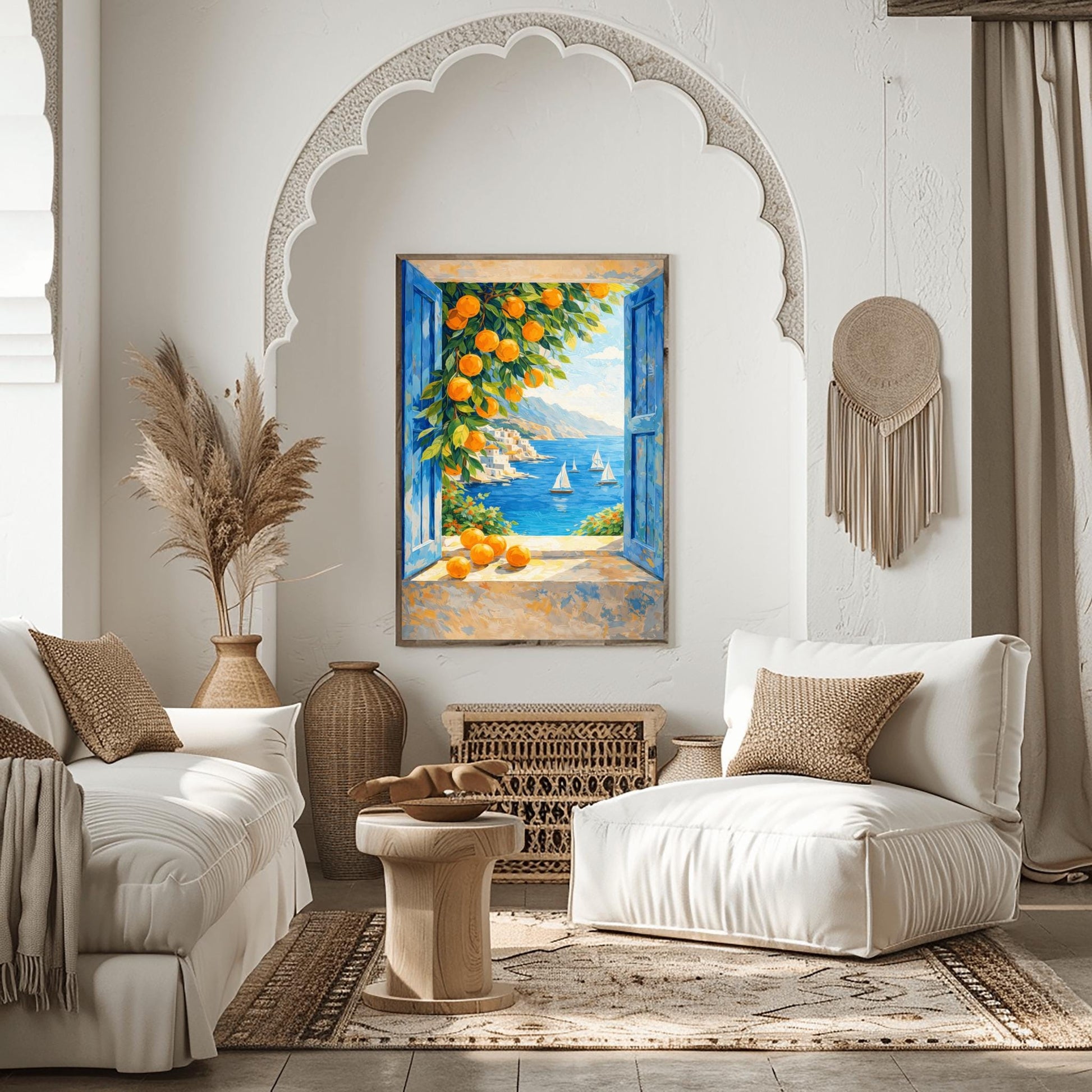A vertical painterly illustration of a view through an open window with blue shutters. A branch with many bright oranges hangs in the top left. Outside, white sailboats float on a deep blue sea next to a white hillside village and mountains.