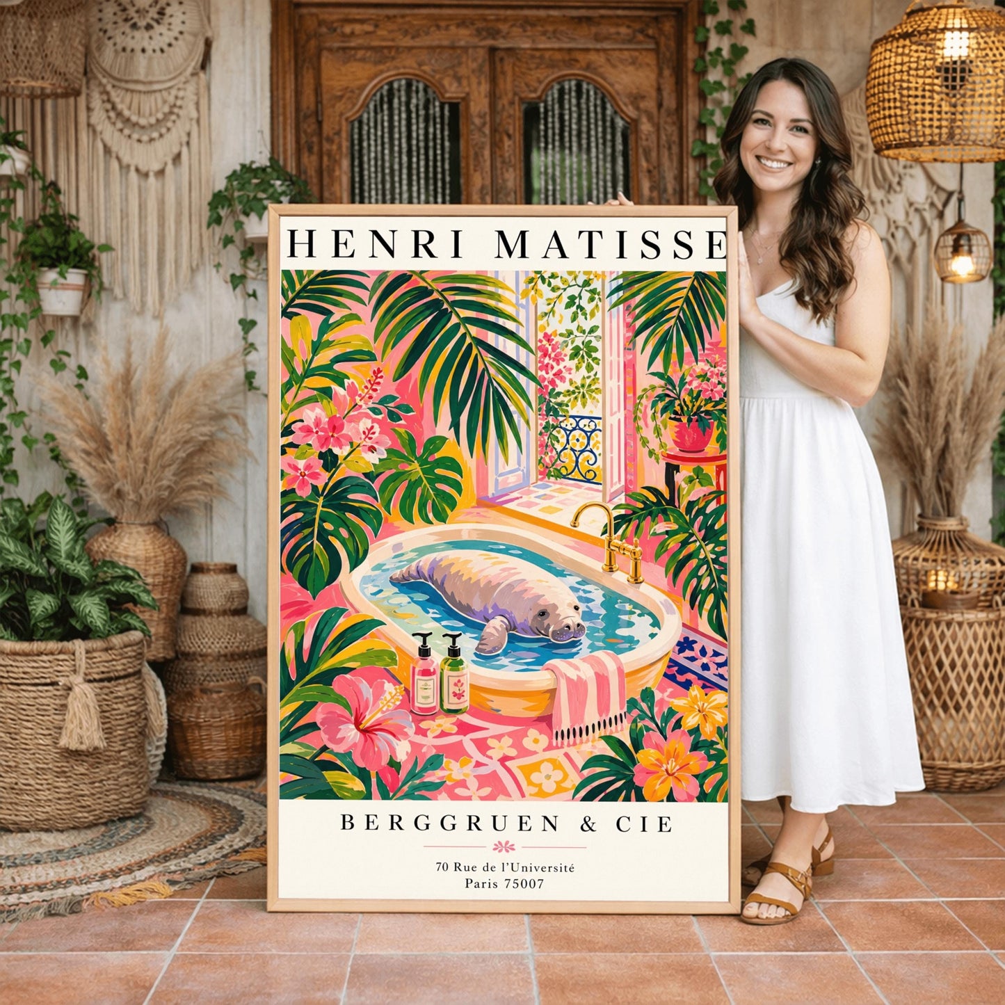 A vertical maximalist art print designed as a Henri Matisse exhibition poster. A large, grey manatee floats peacefully in a white bathtub filled with water. The room is filled with vibrant pink walls, lush green tropical plants, and bright pink hibiscus flowers. An open balcony door in the background shows a Parisian-style wrought-iron railing and pink flowers. Two colorful soap bottles sit on the edge of the tub.