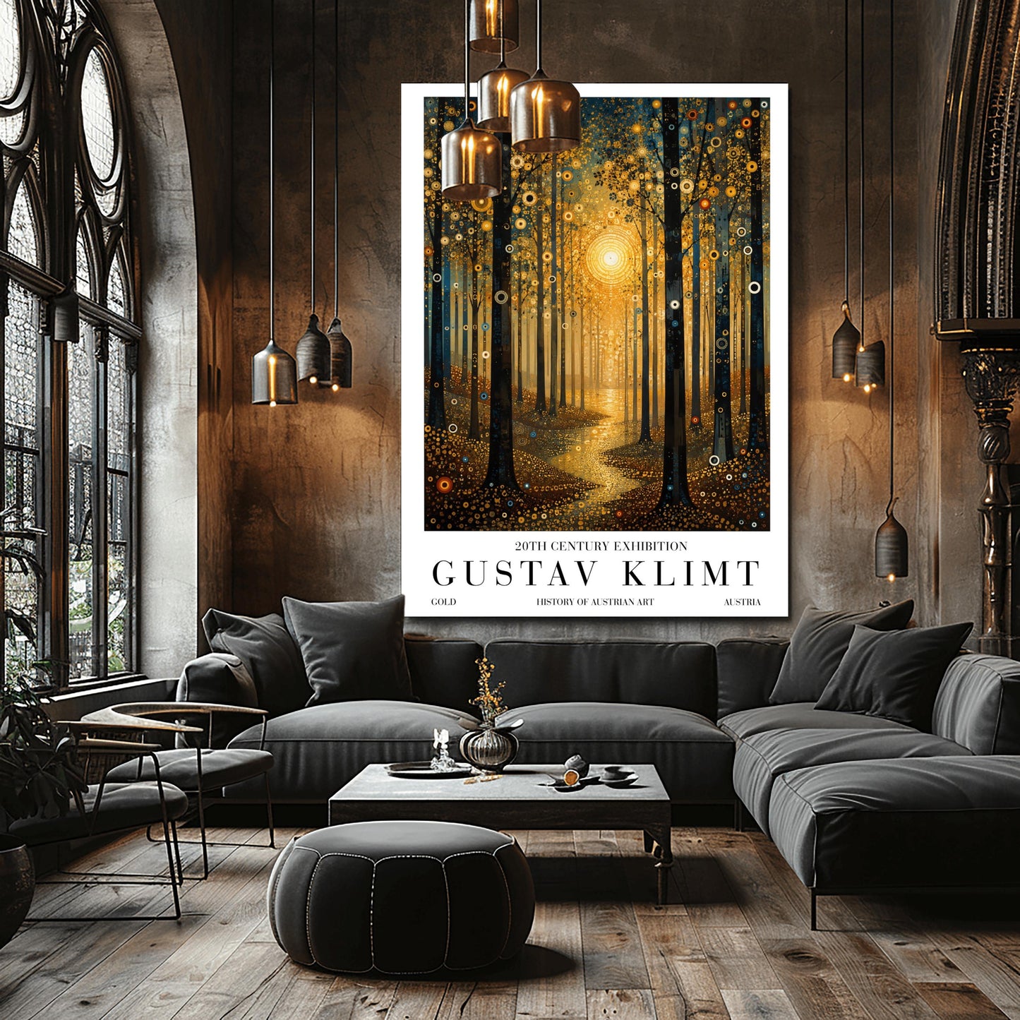 A vertical museum-style exhibition poster with a clean white border. The central illustration depicts a dense forest at sunset or sunrise in the decorative style of Gustav Klimt. A large, bright golden sun made of mosaic rings radiates in the center, casting a glowing path of liquid gold along a winding trail. Tall, dark tree trunks frame the composition, and the leaves and ground are covered in intricate golden spirals, target symbols, and circular patterns with small teal accents.