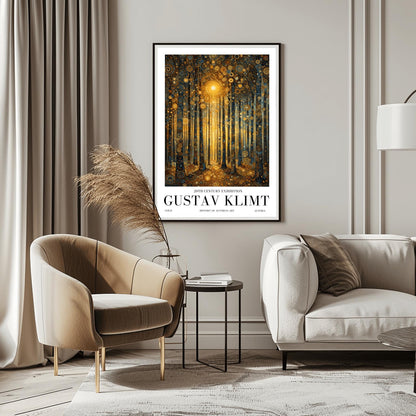A vertical museum exhibition poster in the style of Gustav Klimt. A forest of slender trees is rendered in complex gold and dark blue mosaic patterns. A bright golden sun glows in the center, and the ground is covered in golden circular patterns. Bold black text at the bottom reads "GUSTAV KLIMT" and "20TH CENTURY EXHIBITION."