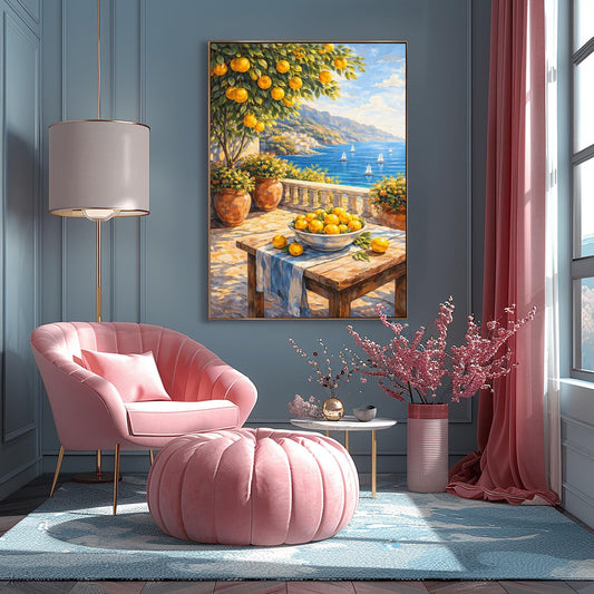 A vertical painterly illustration of a stone terrace overlooking a blue sea with sailboats. In the foreground, a wooden table holds a bowl of oranges and lemons. A citrus tree and flower-filled terracotta pots frame the view. Distant white-washed buildings sit on a coastline under a blue sky.