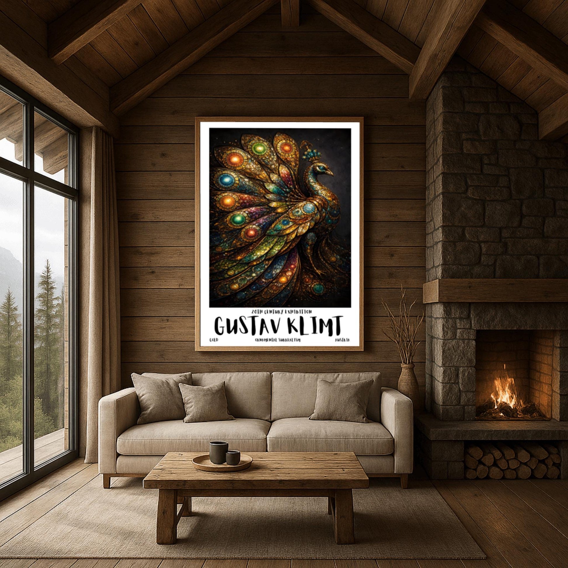 A vertical exhibition poster for Gustav Klimt. A peacock is shown in profile with a large, spread-out tail made of golden mosaic patterns and glowing jewel-toned circles in green, blue, and amber. The background is dark, and the bottom features bold text reading "GUSTAV KLIMT."