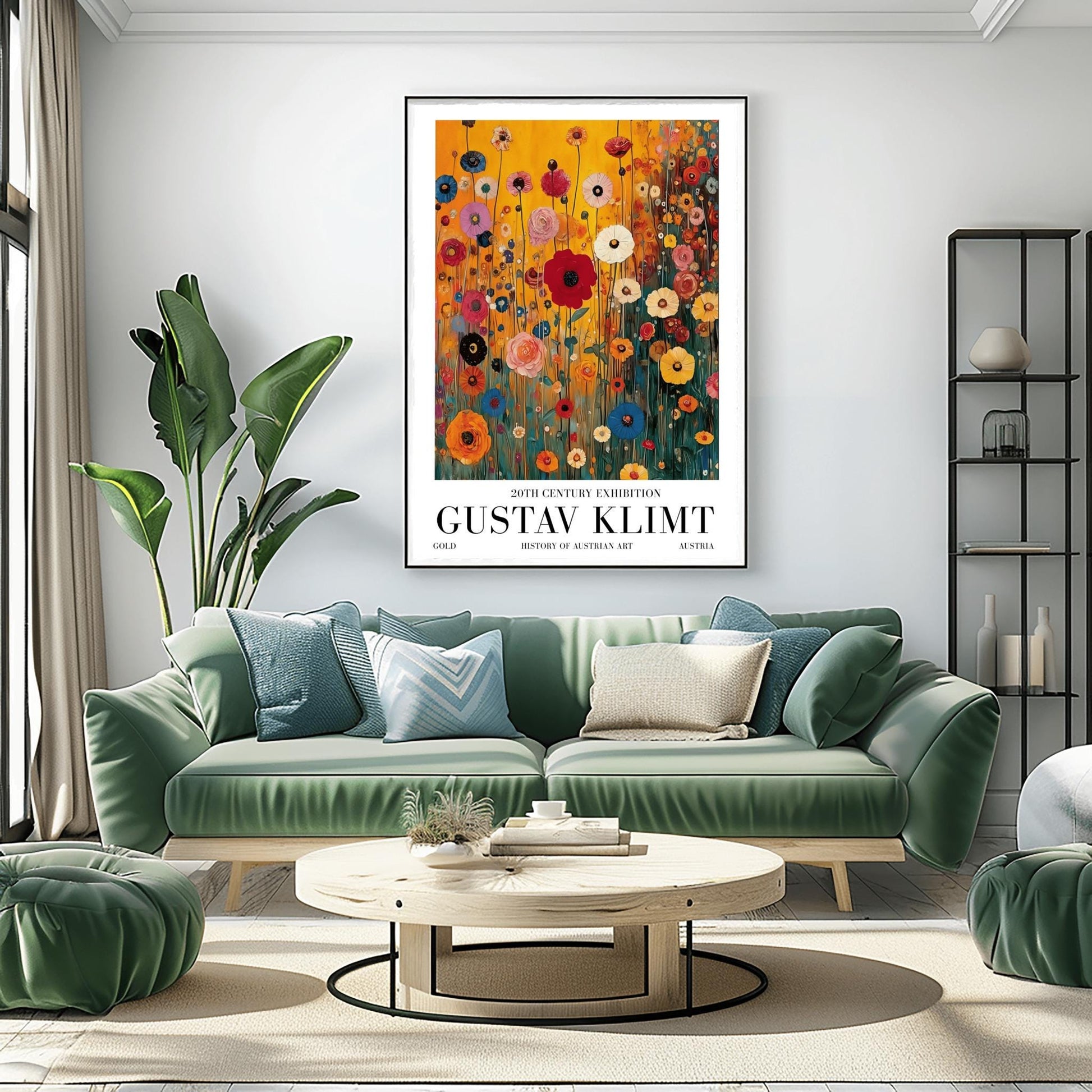 A vertical museum exhibition poster featuring a colorful wildflower meadow in the style of Gustav Klimt. Red, blue, and yellow flowers on thin stalks grow against an amber background. Below the image, bold black text reads "GUSTAV KLIMT" and "20TH CENTURY EXHIBITION" against a white border.