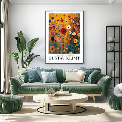 A vertical museum exhibition poster featuring a colorful wildflower meadow in the style of Gustav Klimt. Red, blue, and yellow flowers on thin stalks grow against an amber background. Below the image, bold black text reads "GUSTAV KLIMT" and "20TH CENTURY EXHIBITION" against a white border.