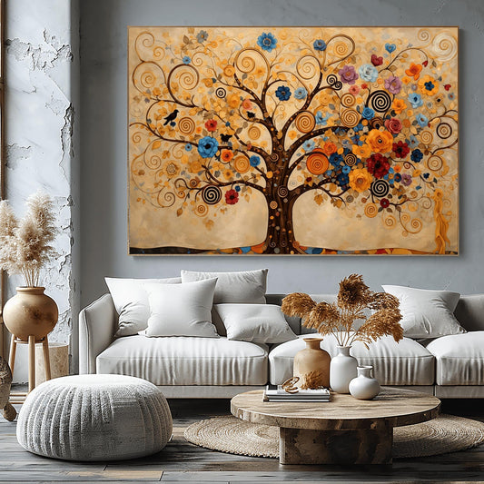 A horizontal fine art print in the style of Gustav Klimt. A large tree with dark branches that curl into golden spirals fills the frame. The tree is decorated with a variety of colorful blue, orange, and red flowers and small black birds. The background is a warm cream color with faint, swirling patterns.