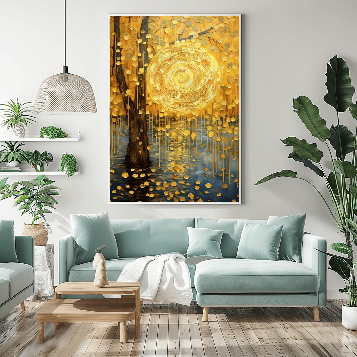 A vertical abstract landscape in the style of Gustav Klimt. A large, swirling golden sun hangs in a warm gold sky next to a dark tree trunk. Cascading golden discs fall from the tree like rain into dark blue water below. The entire scene is filled with intricate spiral textures and shimmering gold leaf effects.