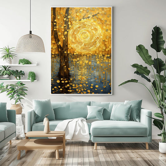 A vertical abstract landscape in the style of Gustav Klimt. A large, swirling golden sun hangs in a warm gold sky next to a dark tree trunk. Cascading golden discs fall from the tree like rain into dark blue water below. The entire scene is filled with intricate spiral textures and shimmering gold leaf effects.
