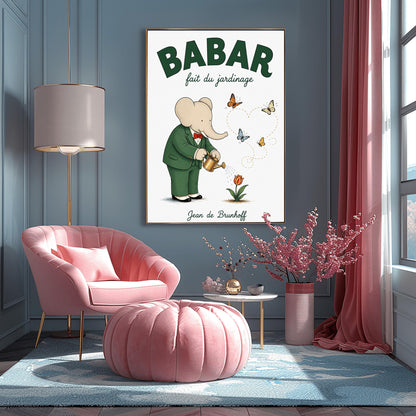 A vertical fine art exhibition poster featuring a classic illustration of Babar the Elephant by Jean de Brunhoff. Set within a wide white border on a textured off-white background, the elephant is shown in a green suit and red bowtie watering a red tulip with a gold can. Four butterflies fly nearby, leaving a dotted line that forms a heart shape. Bold green text at the top reads "BABAR fait du jardinage".