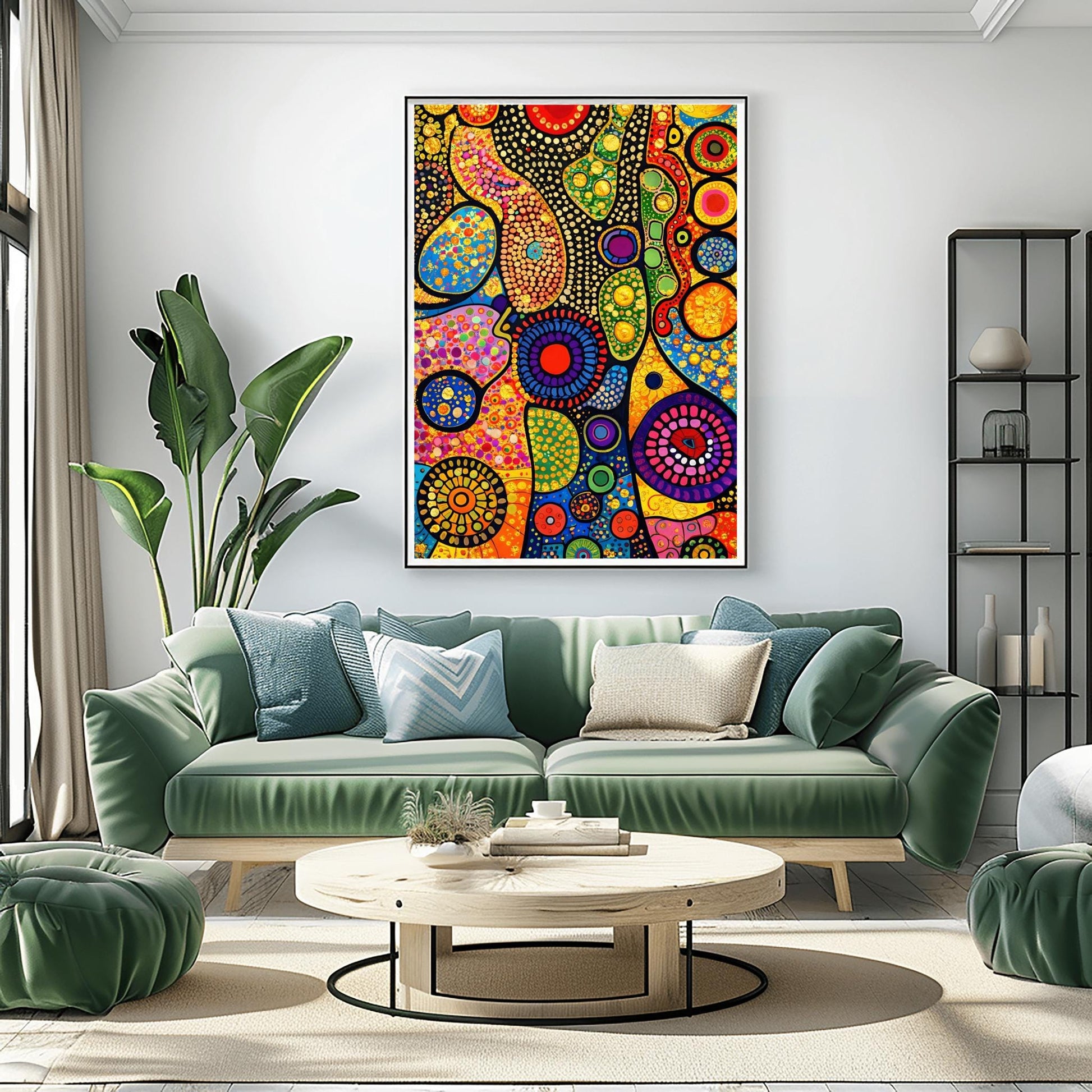 A vertical fine art print in the style of Gustav Klimt. An abstract composition of organic, flowing shapes filled with colorful dots, circles, and geometric patterns in red, blue, green, and orange. Shimmering gold leaf textures and "pebbled" patterns are interspersed throughout, set against a dark, structured background.