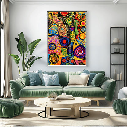 A vertical fine art print in the style of Gustav Klimt. An abstract composition of organic, flowing shapes filled with colorful dots, circles, and geometric patterns in red, blue, green, and orange. Shimmering gold leaf textures and "pebbled" patterns are interspersed throughout, set against a dark, structured background.