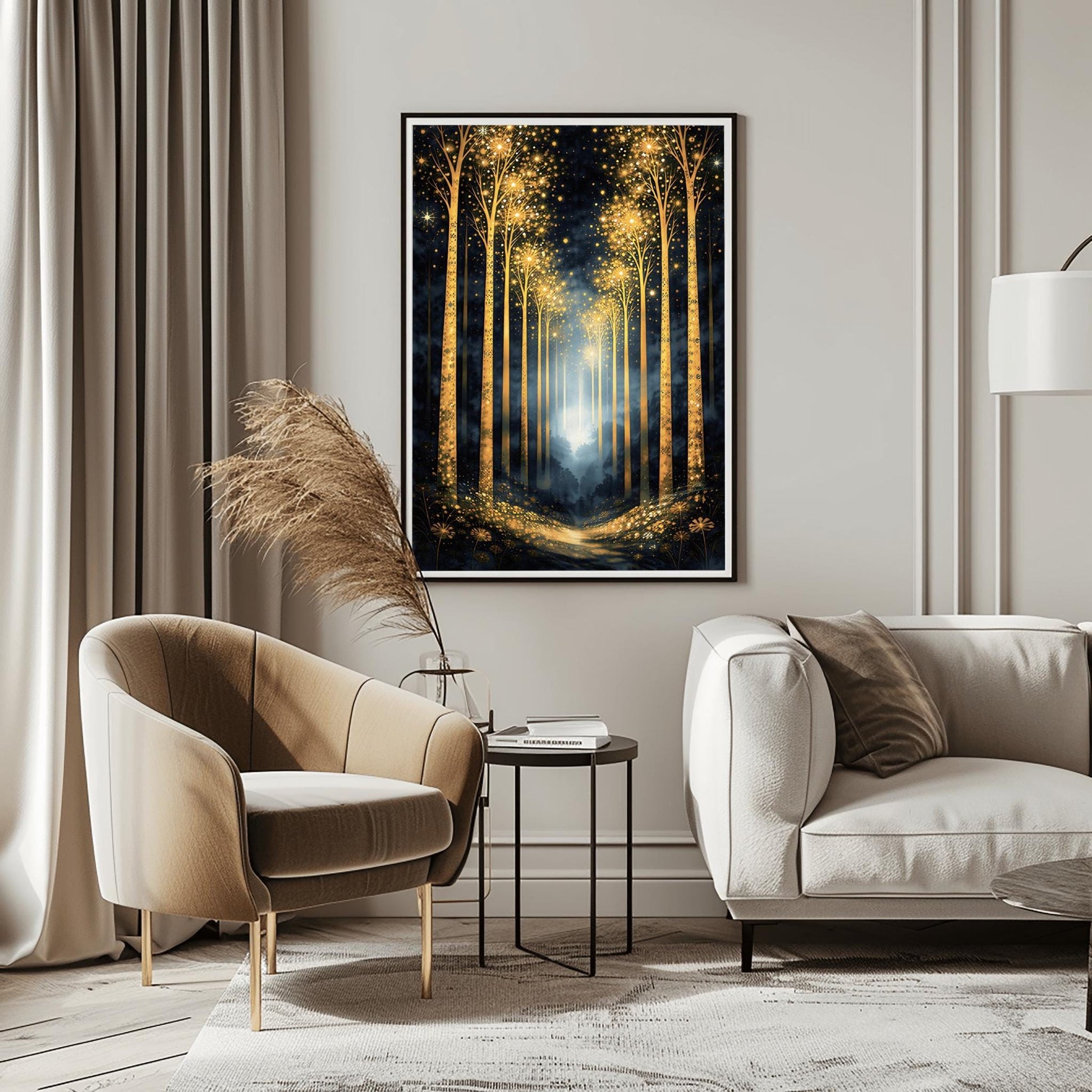 A vertical full-bleed illustration of a birch forest at night in the style of Gustav Klimt. The slender trunks are covered in golden patterns, and the tops of the trees explode into golden sparks and stars. A glowing golden path leads into a misty blue distance.