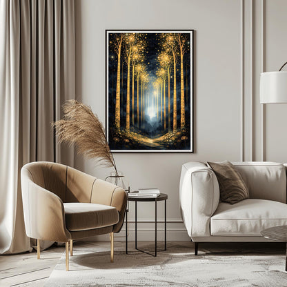 A vertical full-bleed illustration of a birch forest at night in the style of Gustav Klimt. The slender trunks are covered in golden patterns, and the tops of the trees explode into golden sparks and stars. A glowing golden path leads into a misty blue distance.
