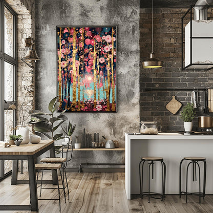 A vertical, highly detailed oil painting in the style of Gustav Klimt. Slender birch tree trunks with gold-leaf textures are surrounded by a dense field of pink, rose, and white circular floral mosaics. In the background, a soft sun reflects over a blue lake. The overall style is rich in texture with a sophisticated pink and gold color palette.