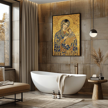 A vertical fine art print in the style of Gustav Klimt. A Madonna and Christ Child are depicted in a modern Byzantine style. Their robes are made of intricate gold and blue mosaic patterns. The Madonna has a large gold ray halo, and the entire background is a textured gold leaf with swirling spiral motifs.