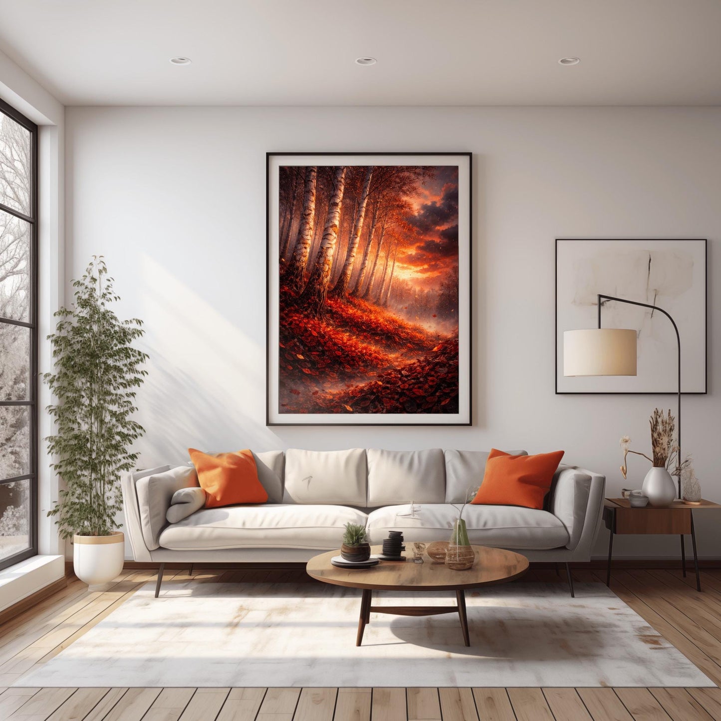 A vertical Art Nouveau illustration of a birch forest in autumn. Towering birch trees lean diagonally over a forest floor covered in a thick carpet of red and rust-colored leaves. A bright sun glows on the horizon through a dark, cloudy sky, scattering golden light and leaves through the air.