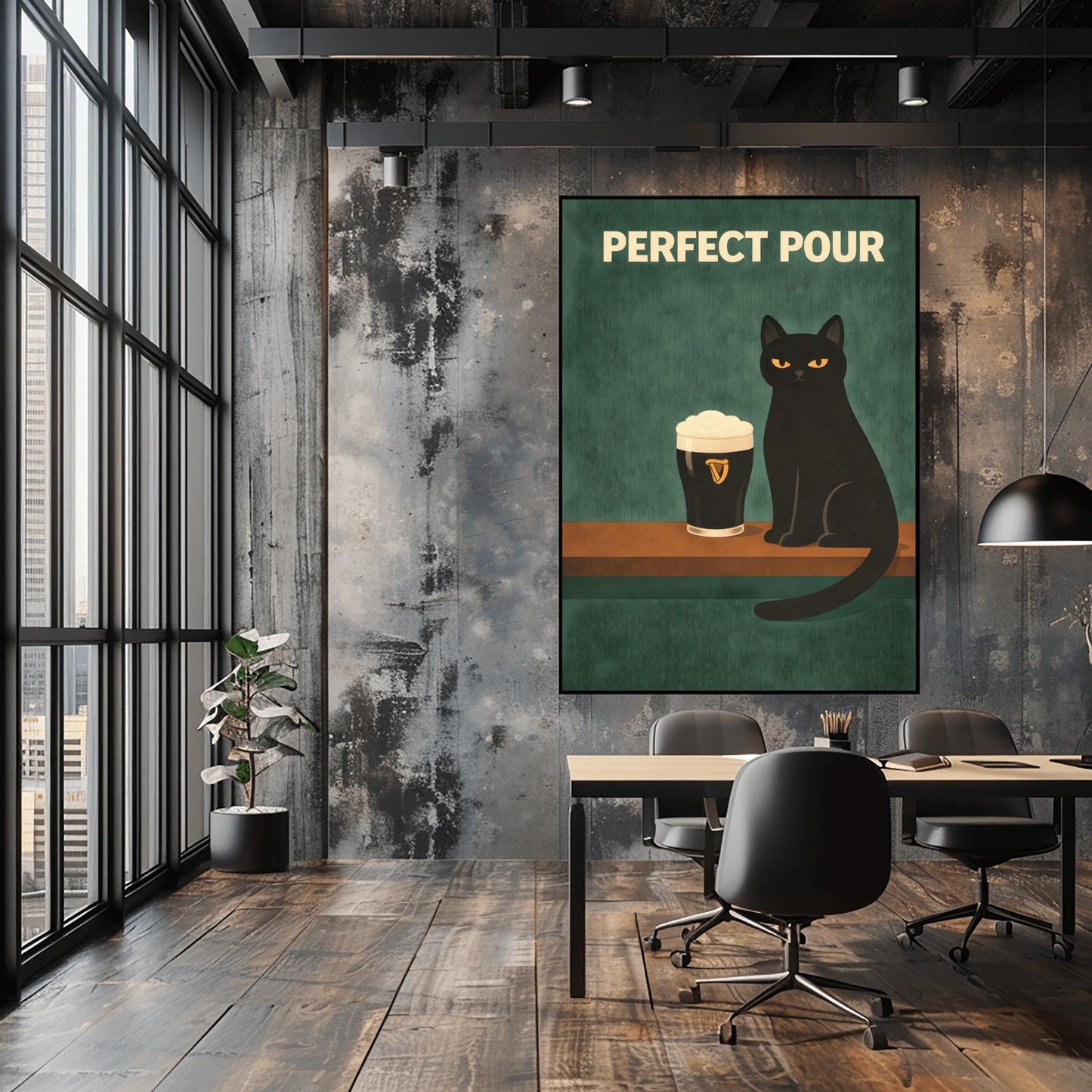 A vertical modern illustration of a sleek black cat with yellow eyes sitting on a wooden bar ledge next to a pint of Guinness. The text "PERFECT POUR" is written in bold cream letters at the top. The background is a dark, textured teal-green.