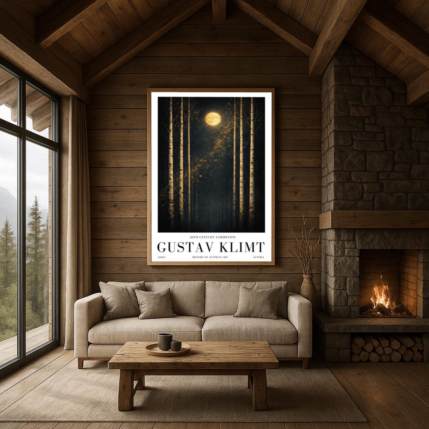 A vertical museum exhibition poster featuring six slender birch trees against a dark sky. A golden moon and a diagonal trail of stardust are centered at the top. Below the art, the text reads "20th Century Exhibition," "GUSTAV KLIMT," and "History of Austrian Art" in black serif font.