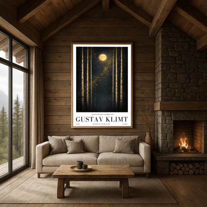 A vertical museum exhibition poster featuring six slender birch trees against a dark sky. A golden moon and a diagonal trail of stardust are centered at the top. Below the art, the text reads "20th Century Exhibition," "GUSTAV KLIMT," and "History of Austrian Art" in black serif font.