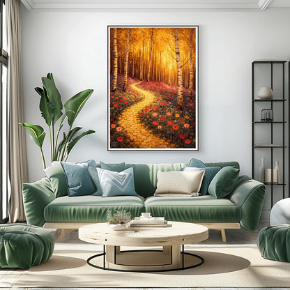 A vertical fine art landscape in the style of Gustav Klimt. Slender birch trees with white and black bark stand in a forest with glowing golden leaves. A winding path made of golden mosaic circles leads through a meadow of red and pink poppies toward a sun-drenched, ethereal background.
