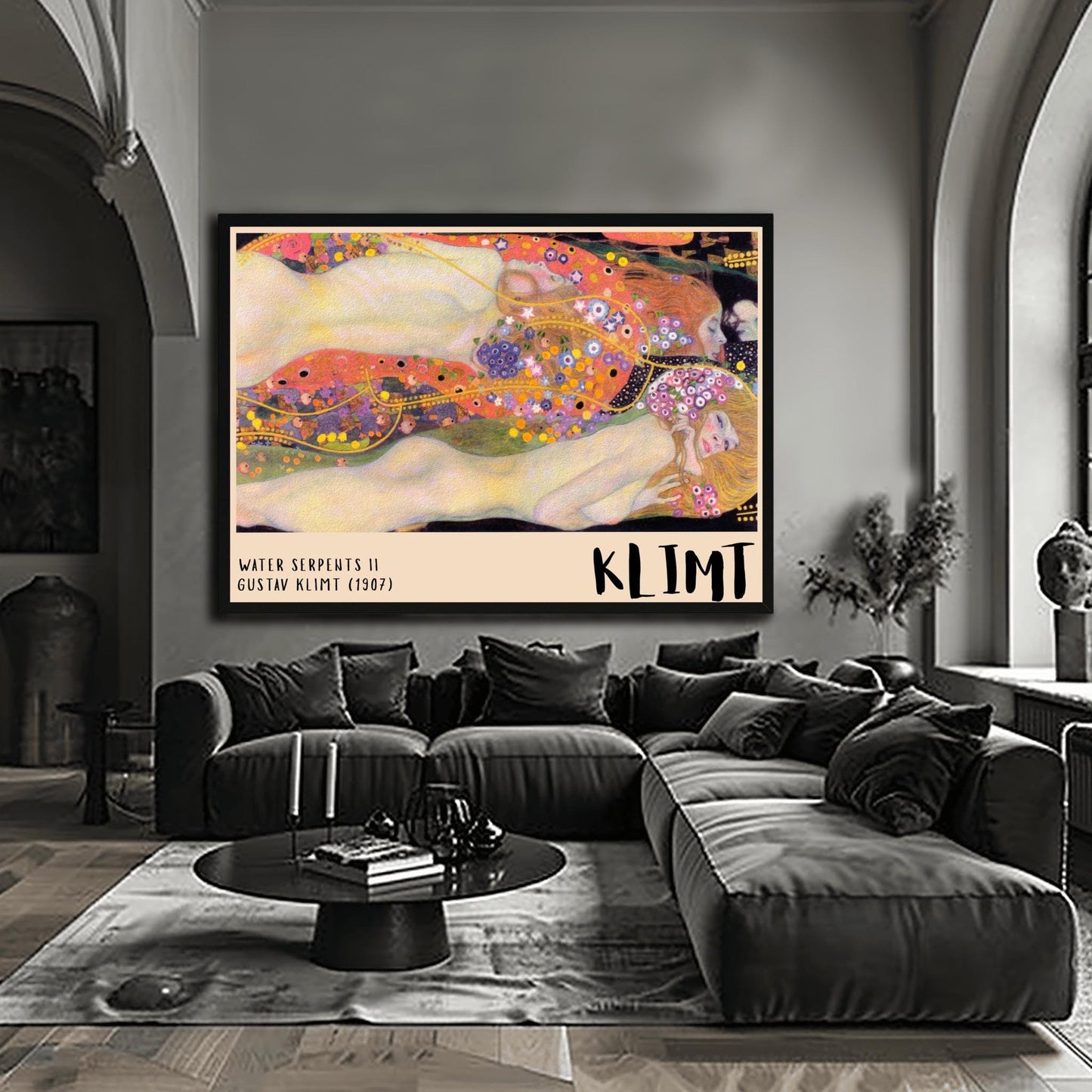 A horizontal museum exhibition poster featuring Gustav Klimt's 1907 painting "Water Serpents II." Reclining female figures are surrounded by a sea of golden spirals, blue and purple flowers, and ornate patterns. The bottom border is cream with bold black text reading "WATER SERPENTS II" and "KLIMT."