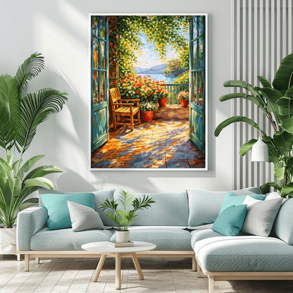 A vertical painterly illustration in the style of Henri Matisse, showing an open blue-framed doorway looking out onto a sun-drenched Mediterranean balcony. A wooden chair sits on a tiled floor covered in dappled shadows from overhanging green leaves. Bright red and white flowers in terracotta pots line the stone railing. In the background, a calm blue sea stretches toward soft blue mountains under a clear sky.