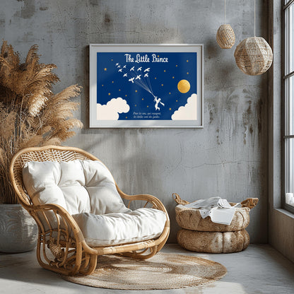 A horizontal illustration of the Little Prince flying through a navy blue night sky. In the center, a white silhouette of the prince holds onto a cluster of fine strings attached to a flock of twelve white wild birds flying upwards and to the left. The sky is filled with small gold stars and features a large, textured gold circular moon on the right, with soft white clouds along the bottom edges