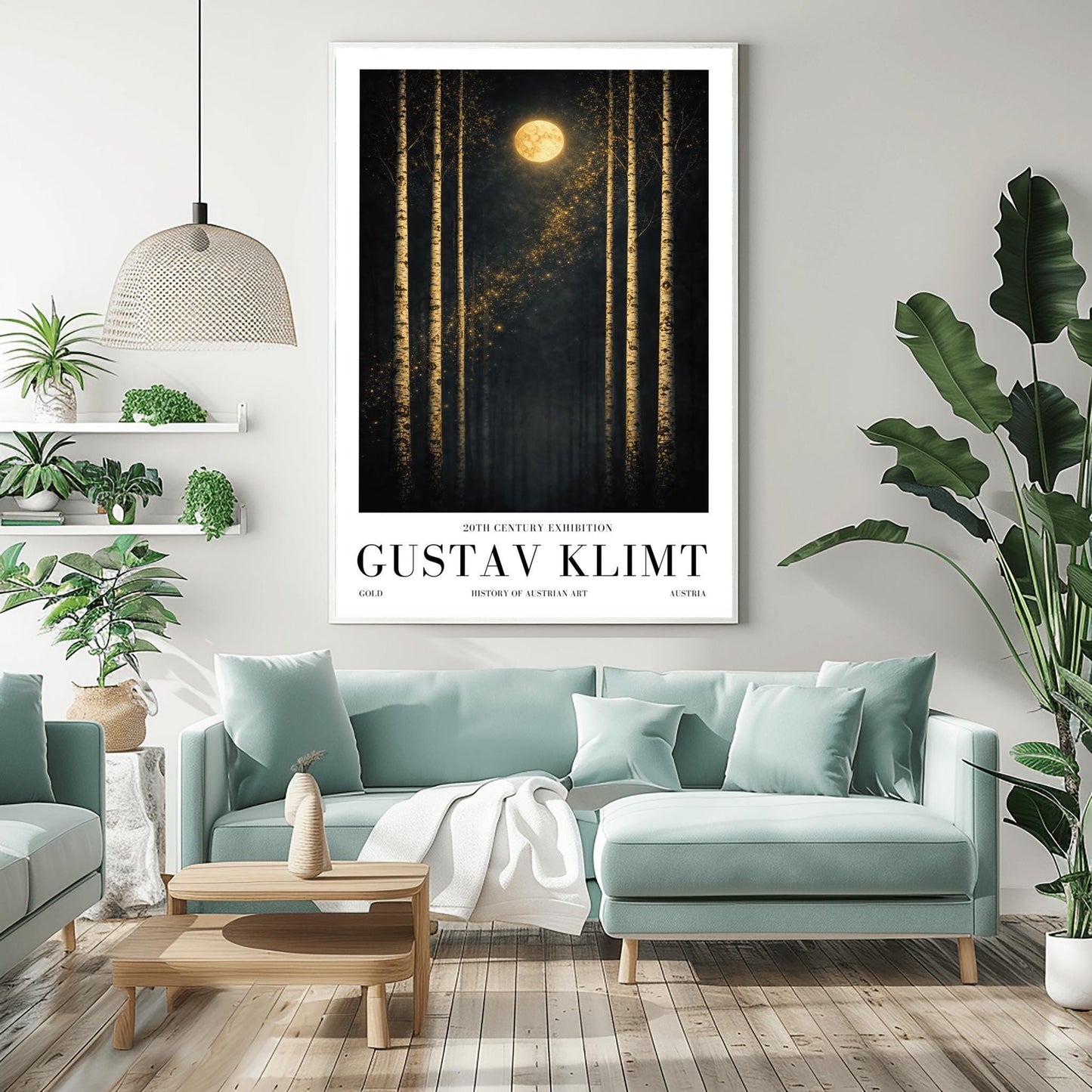 A vertical museum exhibition poster featuring six slender birch trees against a dark sky. A golden moon and a diagonal trail of stardust are centered at the top. Below the art, the text reads "20th Century Exhibition," "GUSTAV KLIMT," and "History of Austrian Art" in black serif font.