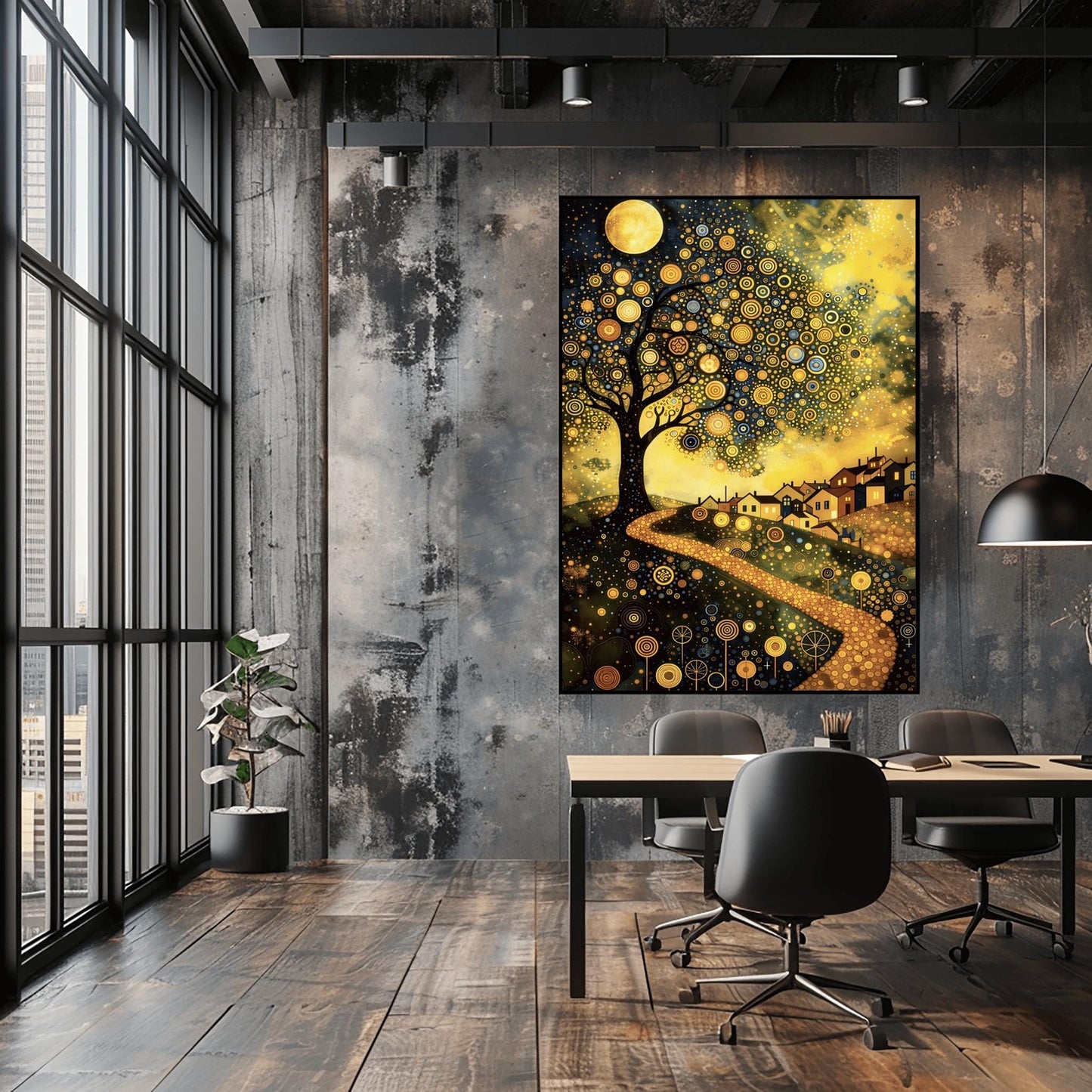 A vertical fine art painting in the style of Gustav Klimt. A large tree on the left is covered in golden concentric circles and spirals. A golden, mosaic-textured path winds through dark hills toward a village with lit windows under a full moon. The sky is dark blue with swirling golden stardust patterns. The foreground is decorated with stylized golden flowers.