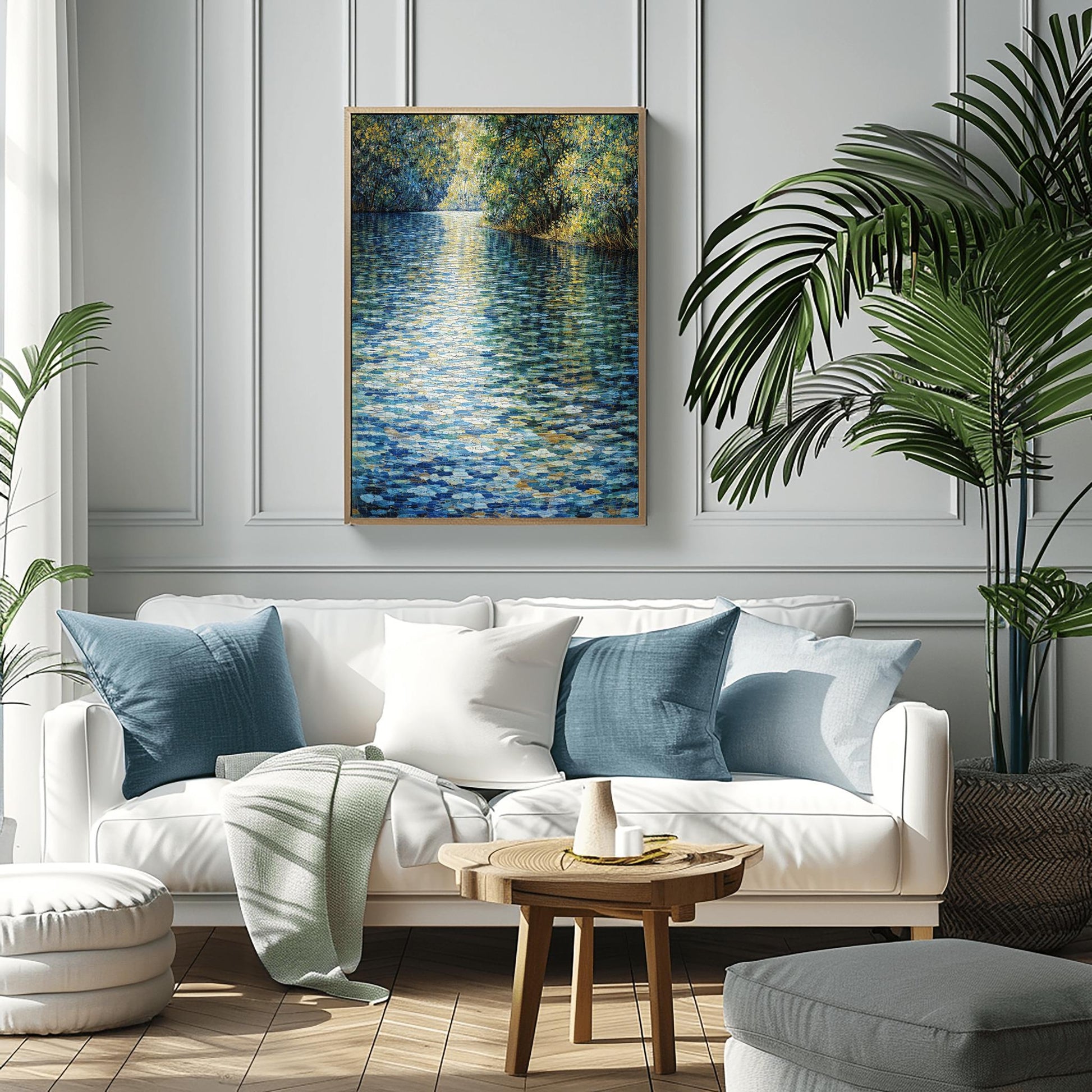 A horizontal landscape art print in the style of Gustav Klimt. A wide river fills the foreground and center, rendered as a shimmering mosaic of deep blue, teal, and white tiles. Bright yellow sunlight reflects off the water at the top, creating a golden glow. The river is bordered on the right by a dense bank of trees with green and gold leaves, also shown in a mosaic or pointillist style.