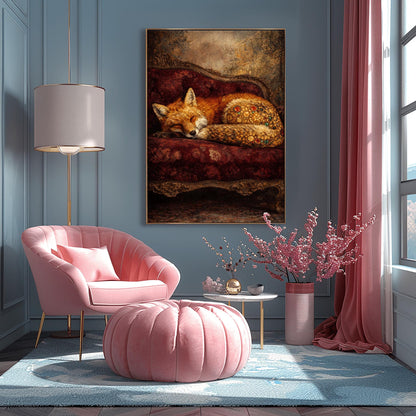 Gustav Klimt Sleeping Fox Art - Ornamental Surrealism Forest Animal Print - Luxury Gold & Crimson Velvet Decor - Gilded Red Fox Fine Art - Moody Maximalist Wall Decor