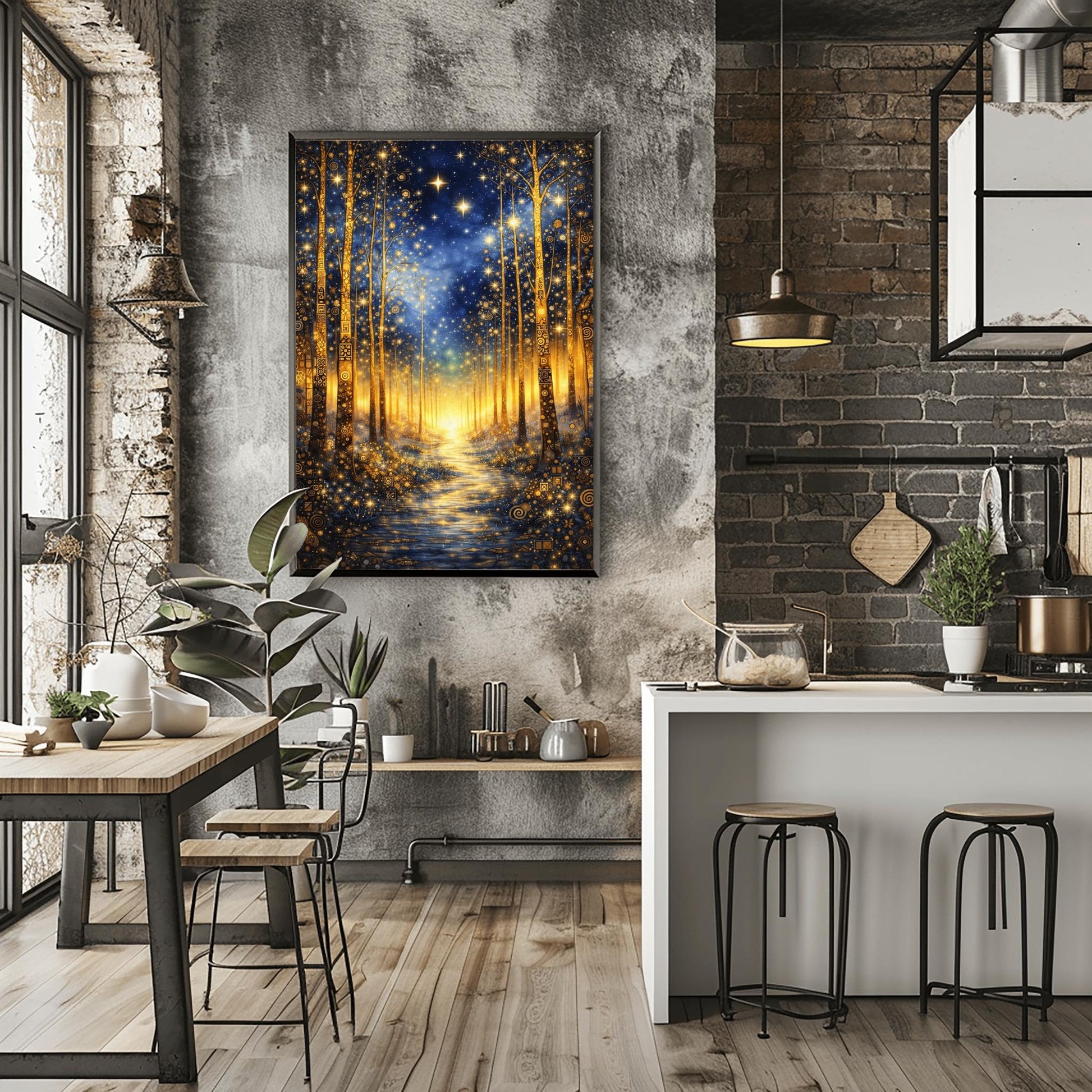 A vertical art print in the style of Gustav Klimt. It depicts a magical forest at night with tall, slender trees decorated with intricate golden swirls and geometric patterns. A shimmering golden path leads through the center toward a bright light in the distance. The dark blue sky is filled with numerous bright, glowing stars and a hazy golden nebula. The entire scene is rich with gold leaf textures and decorative mosaic details.