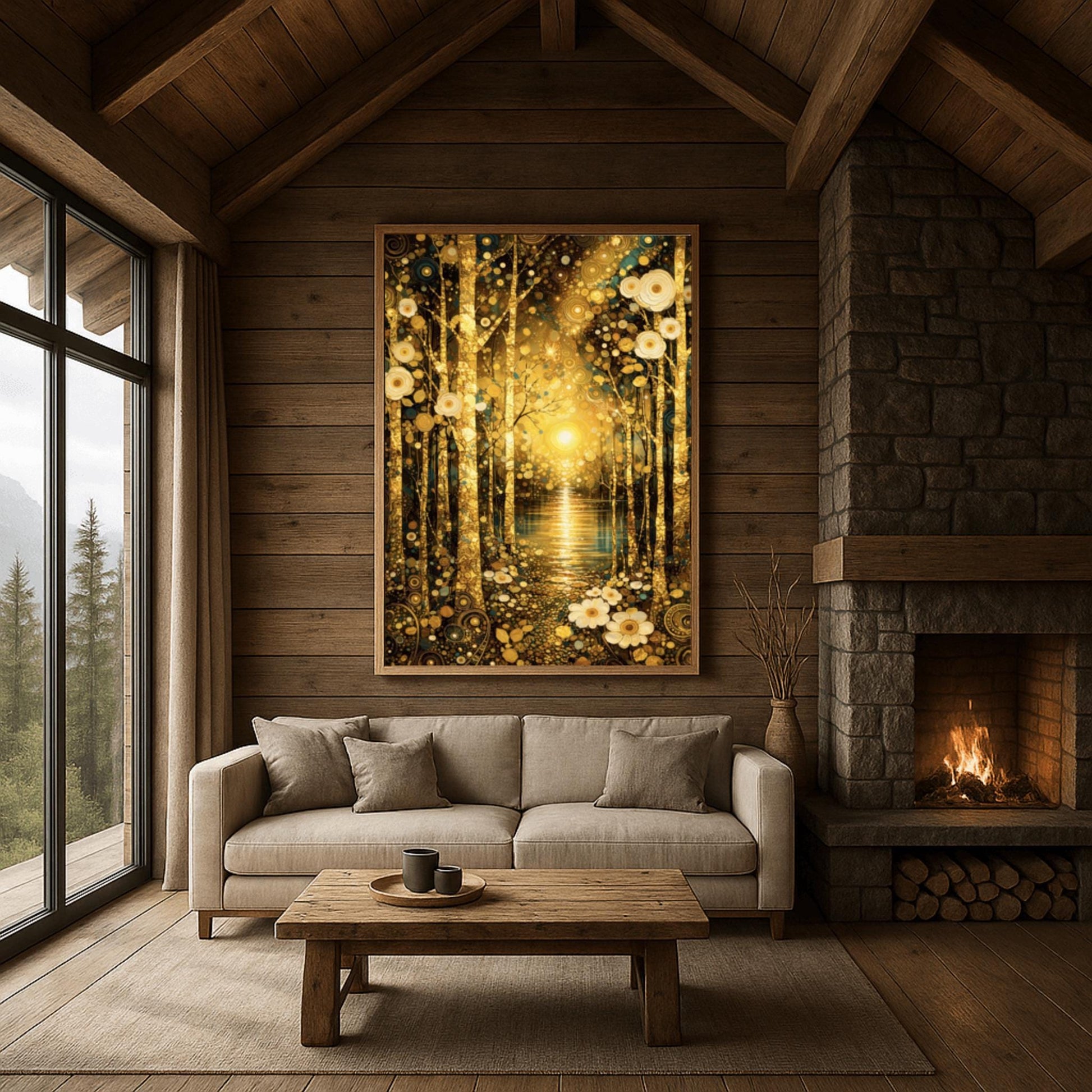 A vertical fine art landscape in the style of Gustav Klimt. Slender, textured golden birch trees stand in the foreground on a forest floor covered in white circular flowers. In the background, a brilliant golden sun reflects over a calm lake, surrounded by an atmosphere of golden spirals and shimmering mosaic patterns.