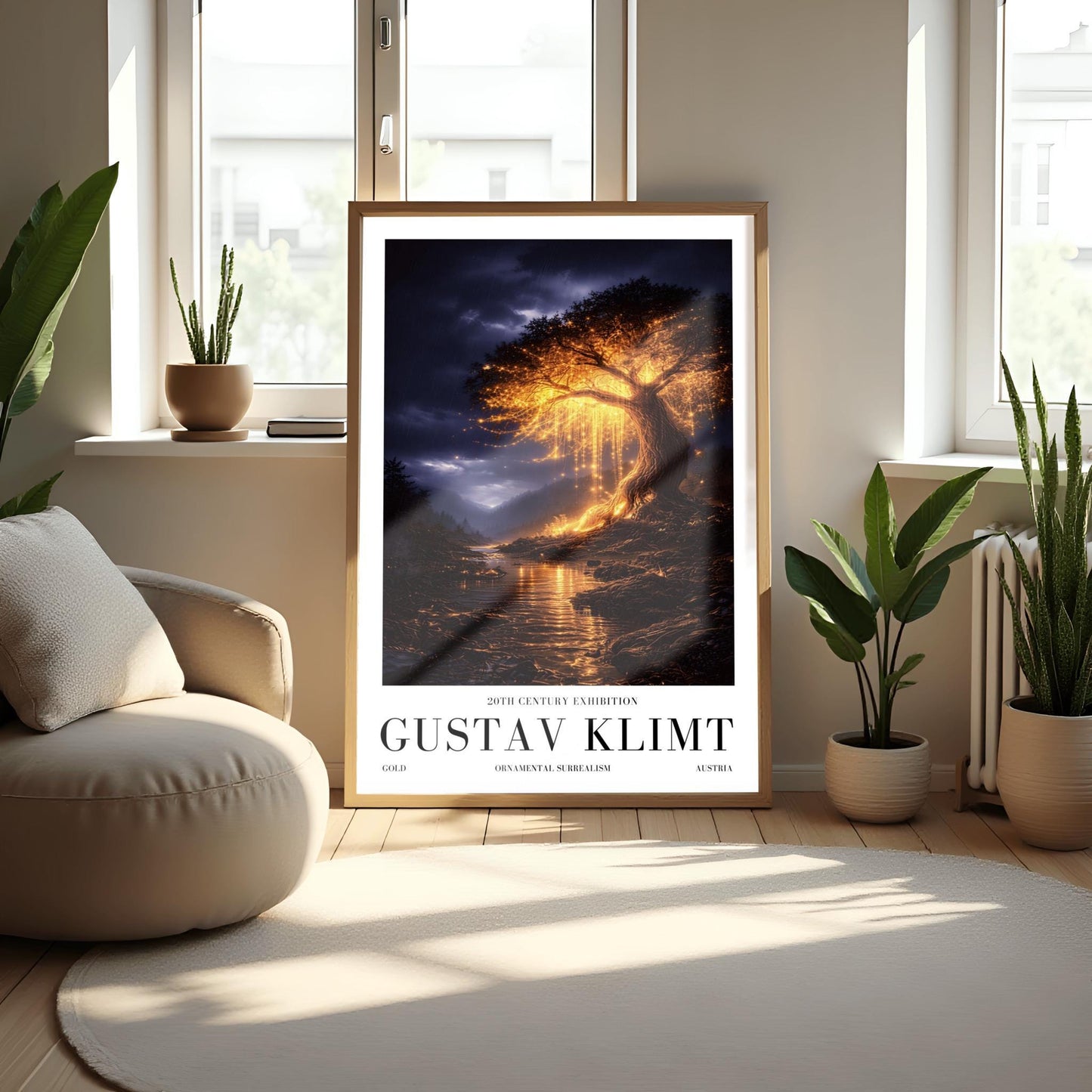 A vertical full-bleed illustration of a large weeping willow tree glowing with golden light in a stormy mountain valley. The tree stands by a dark river reflecting its gold light. The background features dark, rainy mountains and a moody indigo sky in the style of Gustav Klimt.