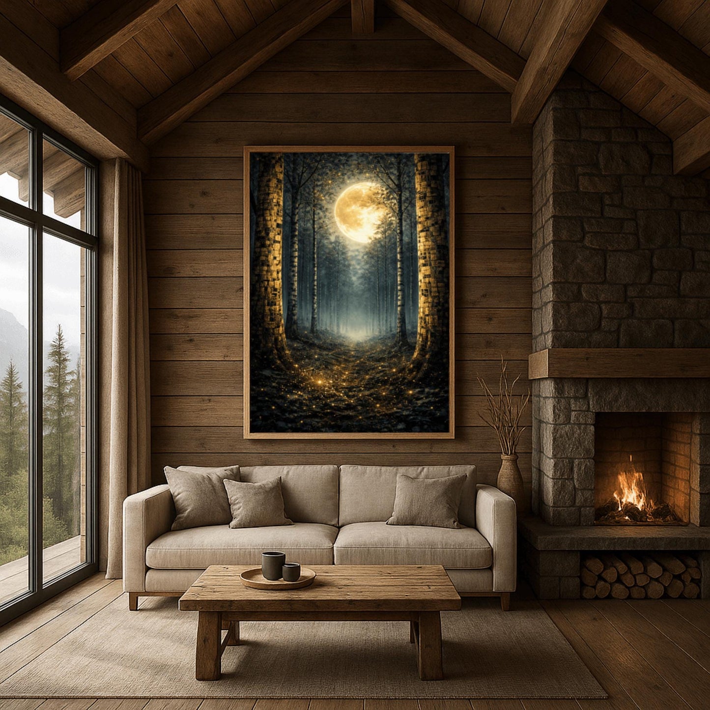 A vertical art print in the style of Gustav Klimt showing a dark forest at night. Tall, dark, silhouetted tree trunks frame a central path that leads toward a bright light in the distance. A massive, glowing golden moon with intricate textures dominates the upper center of the image. The base of the trees and the forest floor are sprinkled with shimmering gold mosaic patterns and light specks, contrasting sharply against the dark background.