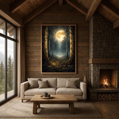 A vertical art print in the style of Gustav Klimt showing a dark forest at night. Tall, dark, silhouetted tree trunks frame a central path that leads toward a bright light in the distance. A massive, glowing golden moon with intricate textures dominates the upper center of the image. The base of the trees and the forest floor are sprinkled with shimmering gold mosaic patterns and light specks, contrasting sharply against the dark background.