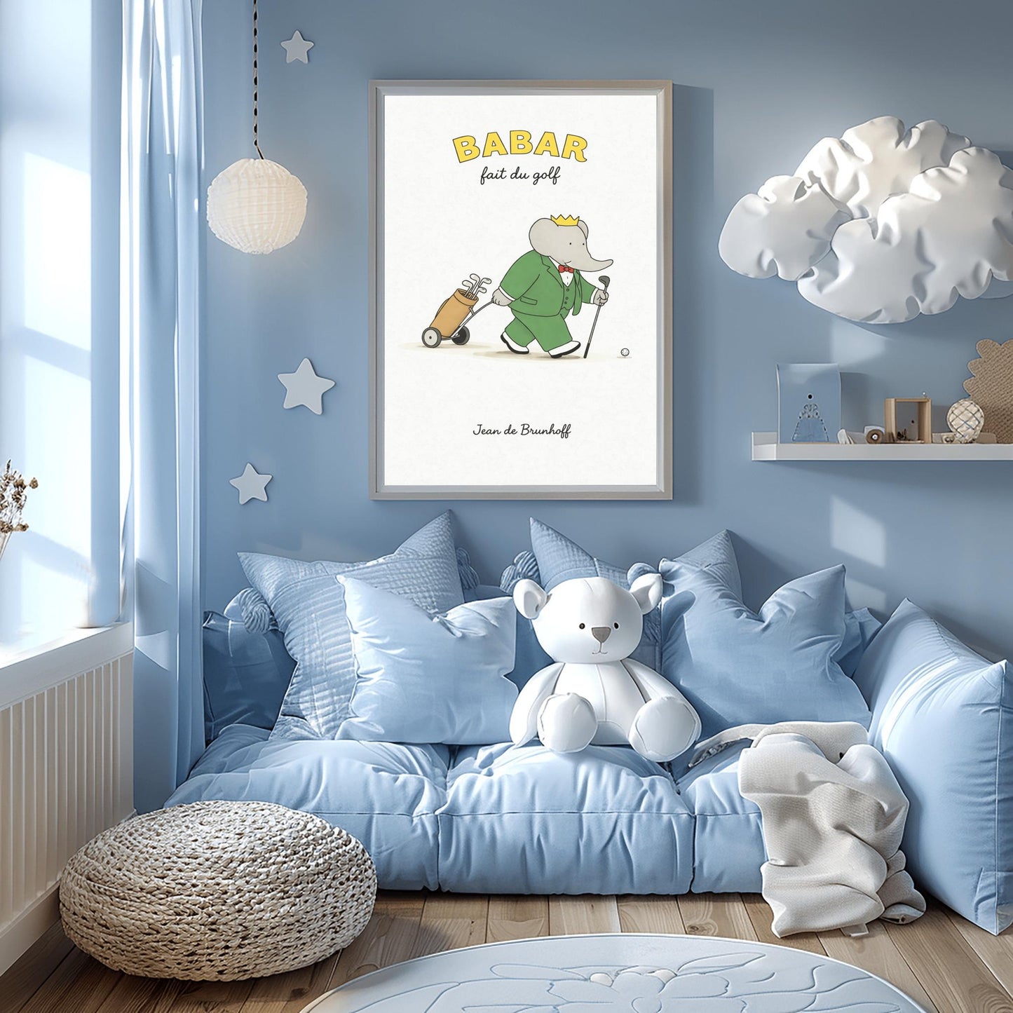 A vertical art print titled "BABAR fait du golf" in yellow letters. A grey elephant, Babar, is wearing a green suit, a red bow tie, and a gold crown. He is walking across a simple beige ground, holding a golf club and pulling a tan golf bag on a small two-wheeled cart. A single golf ball sits on the ground in front of him. The background is a minimalist off-white texture, and "Jean de Brunhoff" is written at the bottom.
